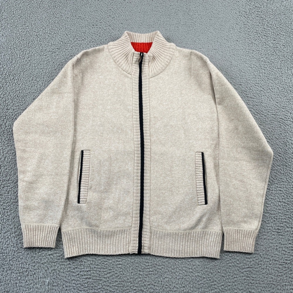 Yeokou Full Zip Sweater Mens L Beige Cashmere Wool Blend Fleece Lined Mock Neck